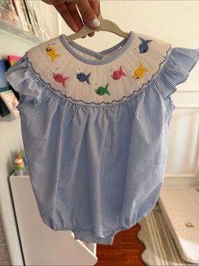 Stitchy Fish Striped Smocked Baby Romper with Colorful Fish Embroidery